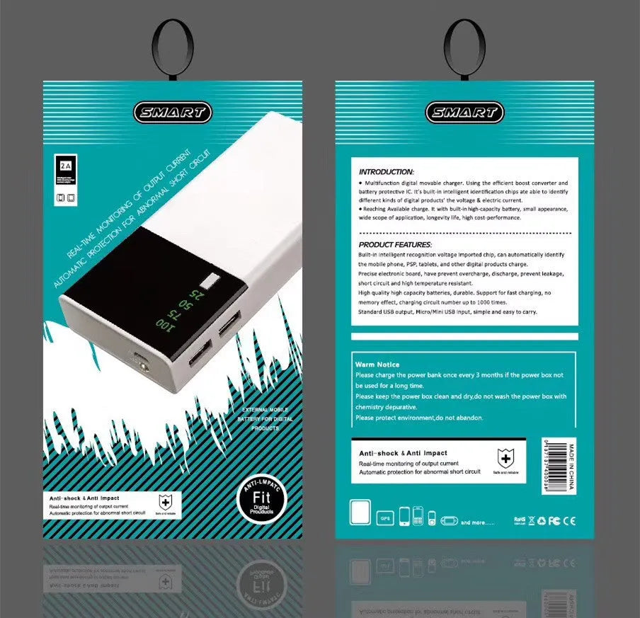 Black 20000mAh power bank with aluminium shell 18650 batteries showing charging port