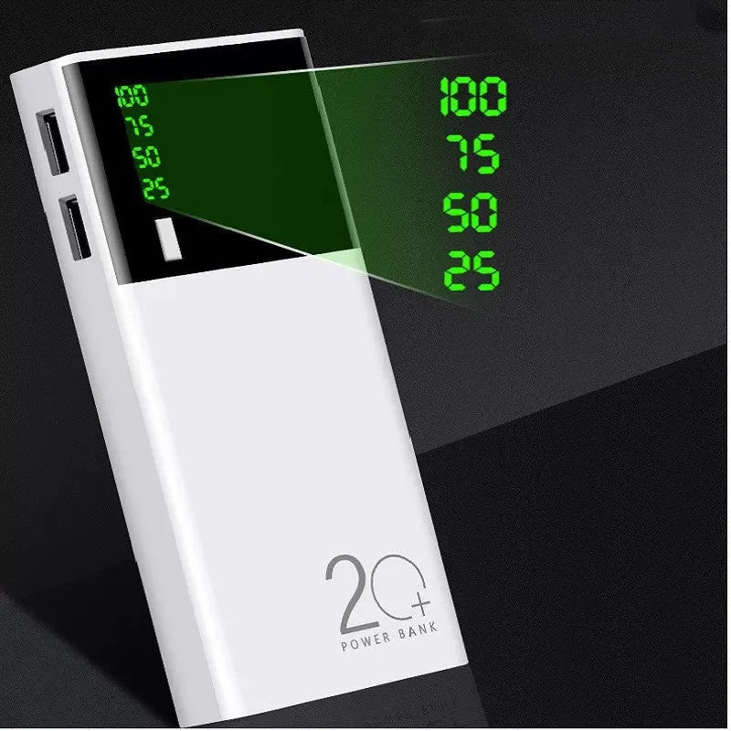 Black 20000mAh power bank with aluminium shell 18650 batteries showing charging port