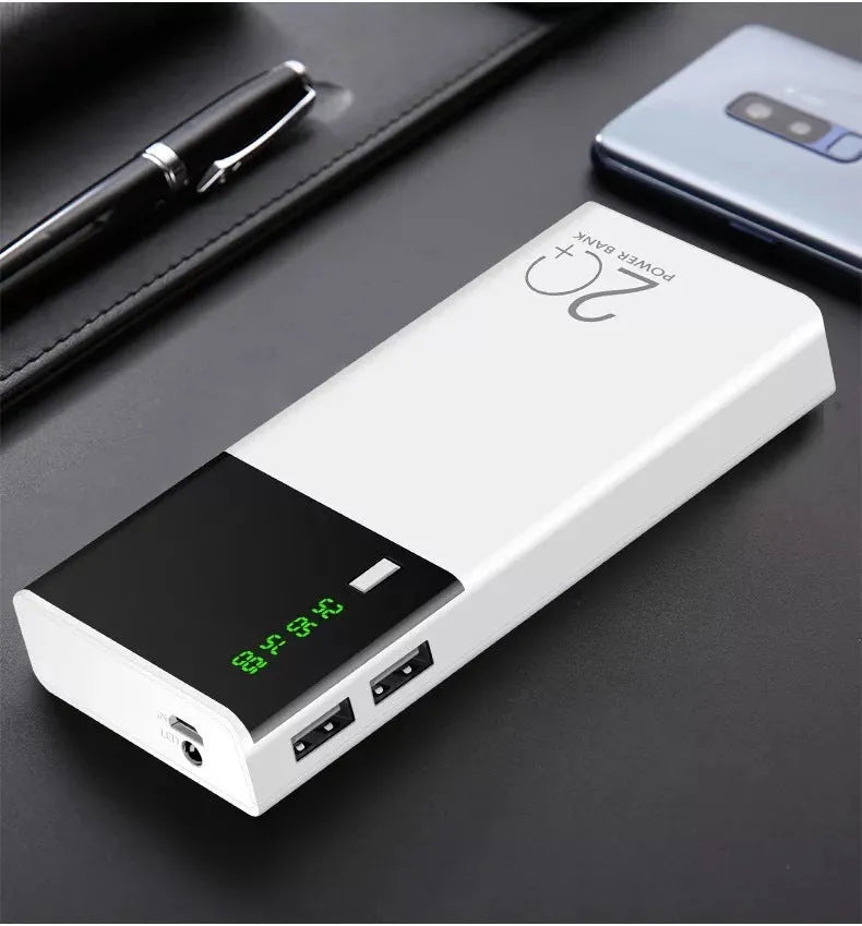 Black 20000mAh power bank with aluminium shell 18650 batteries showing charging port