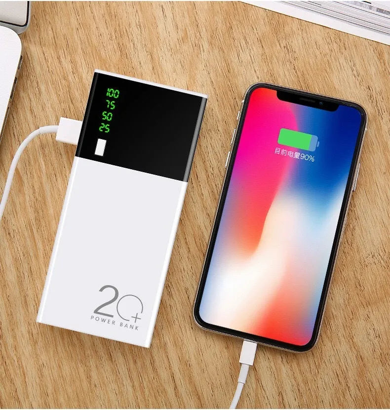 Black 20000mAh power bank with aluminium shell 18650 batteries showing charging port