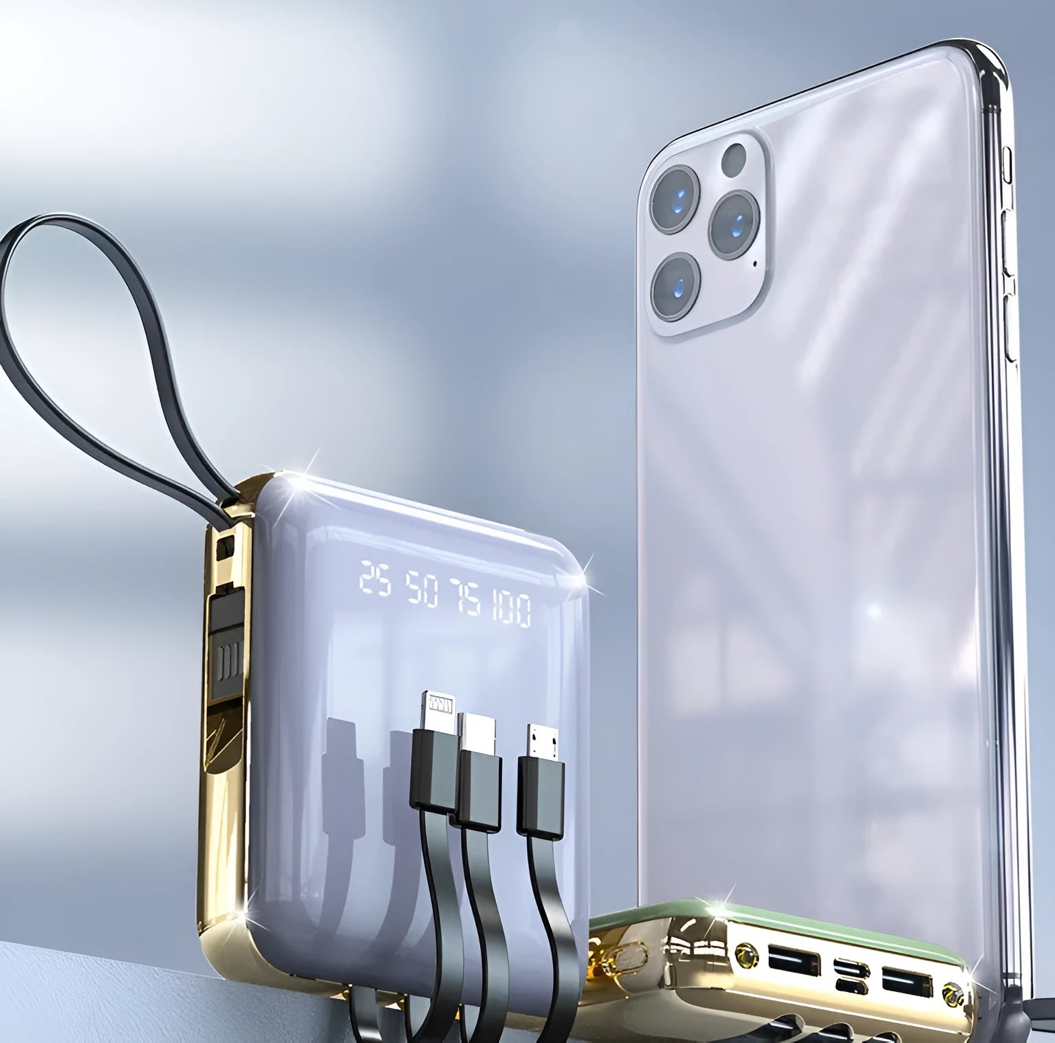 Four-wire digital display power bank showing battery percentage on LCD screen