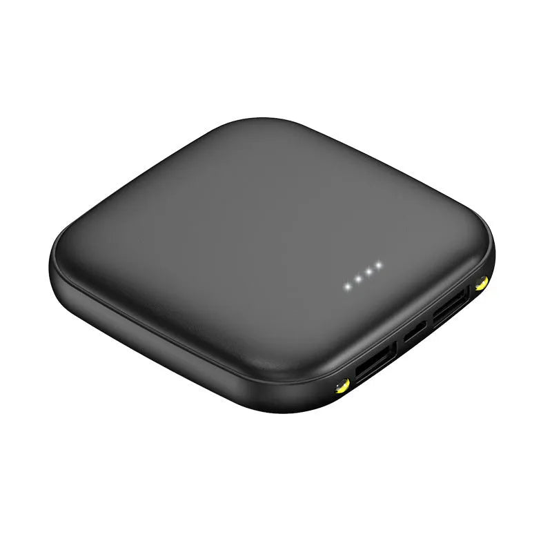 Square black mini power bank with 20000mAh capacity and a small LED flashlight on its side.