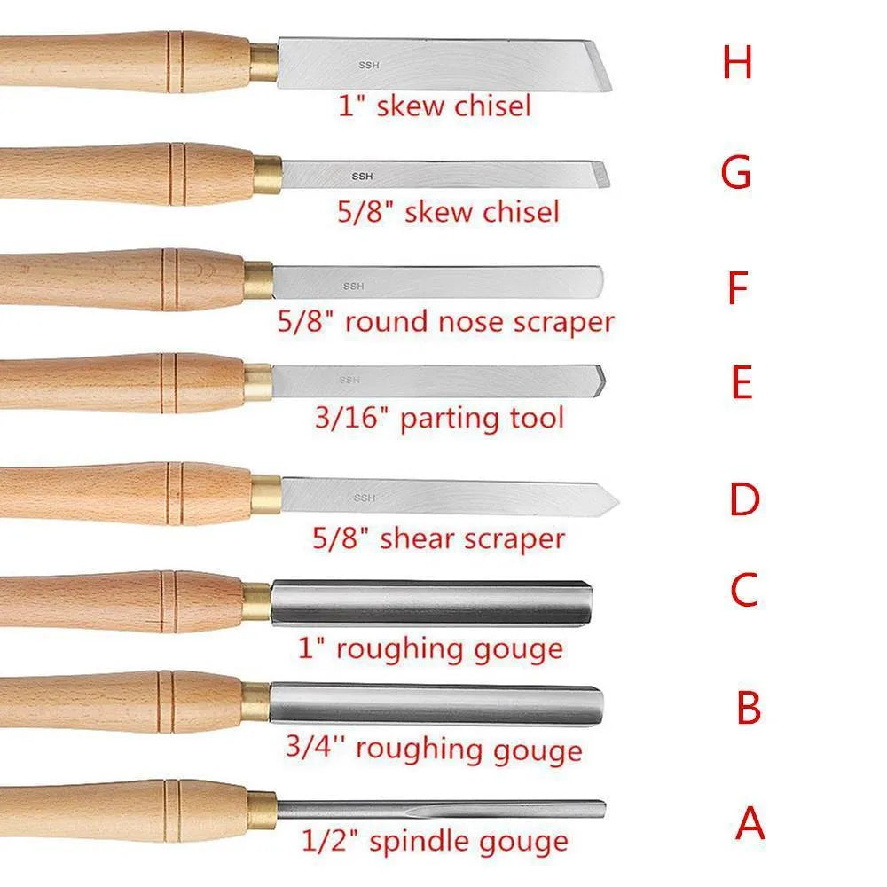 Eight woodturning chisels with wooden handles stored in a long, solid wooden box with fitted slots.