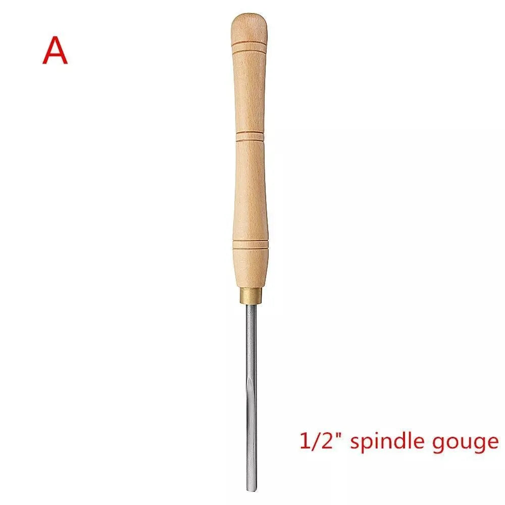 Eight woodturning chisels with wooden handles stored in a long, solid wooden box with fitted slots.