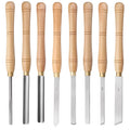 Eight woodturning chisels with wooden handles stored in a long, solid wooden box with fitted slots.