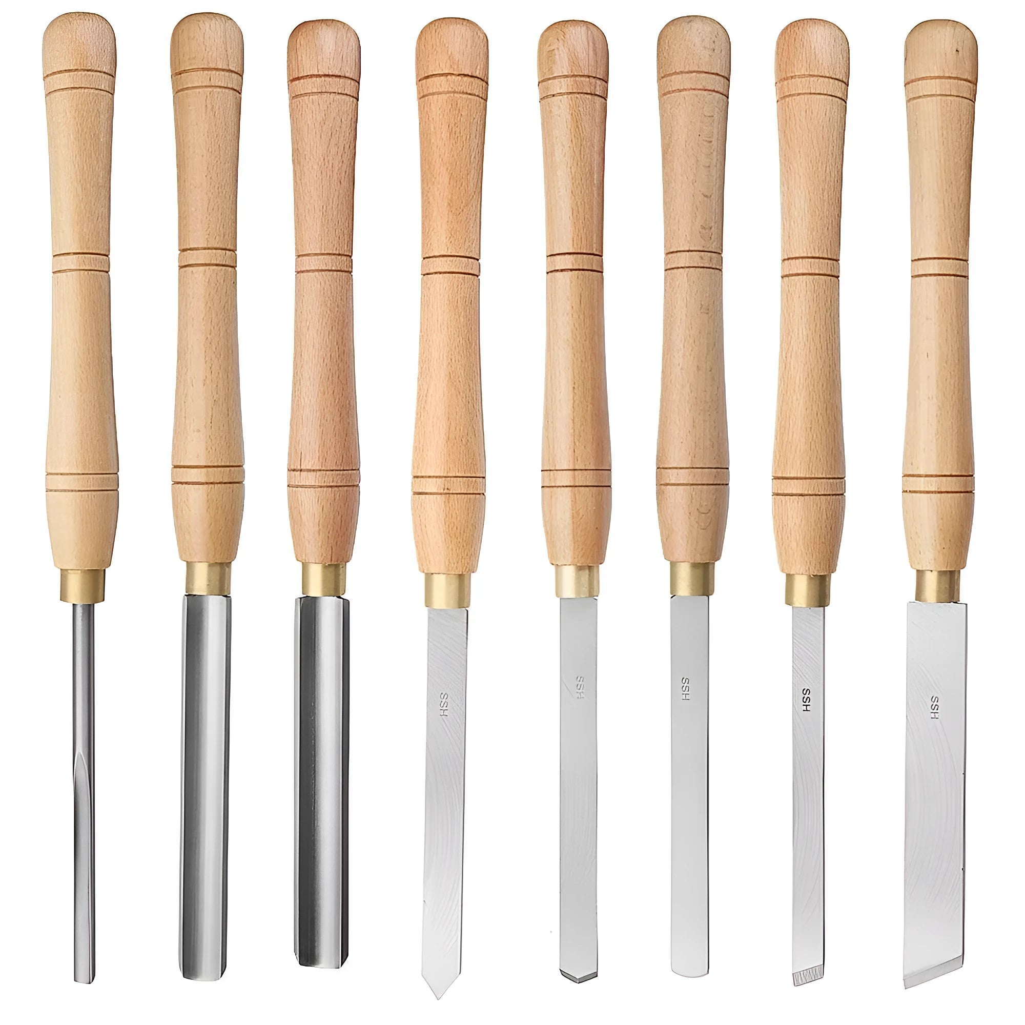 Eight woodturning chisels with wooden handles stored in a long, solid wooden box with fitted slots.
