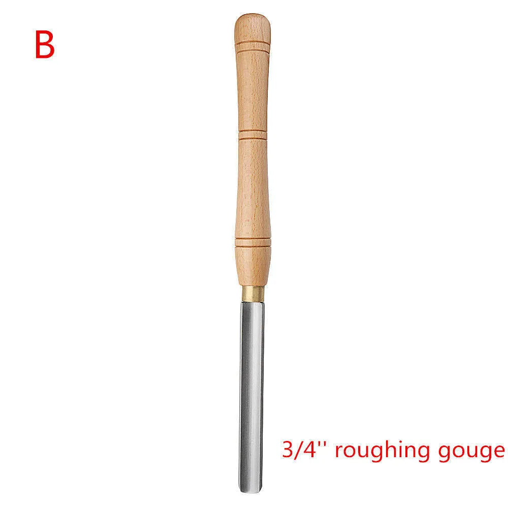 Eight woodturning chisels with wooden handles stored in a long, solid wooden box with fitted slots.