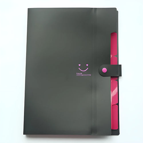 A4 plastic multi-page folder document organiser shown in one of ten available colours.