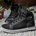 Tiger Boots black and grey casual motorcycle short boots with mesh panels, laces, and side zip on a plain background.