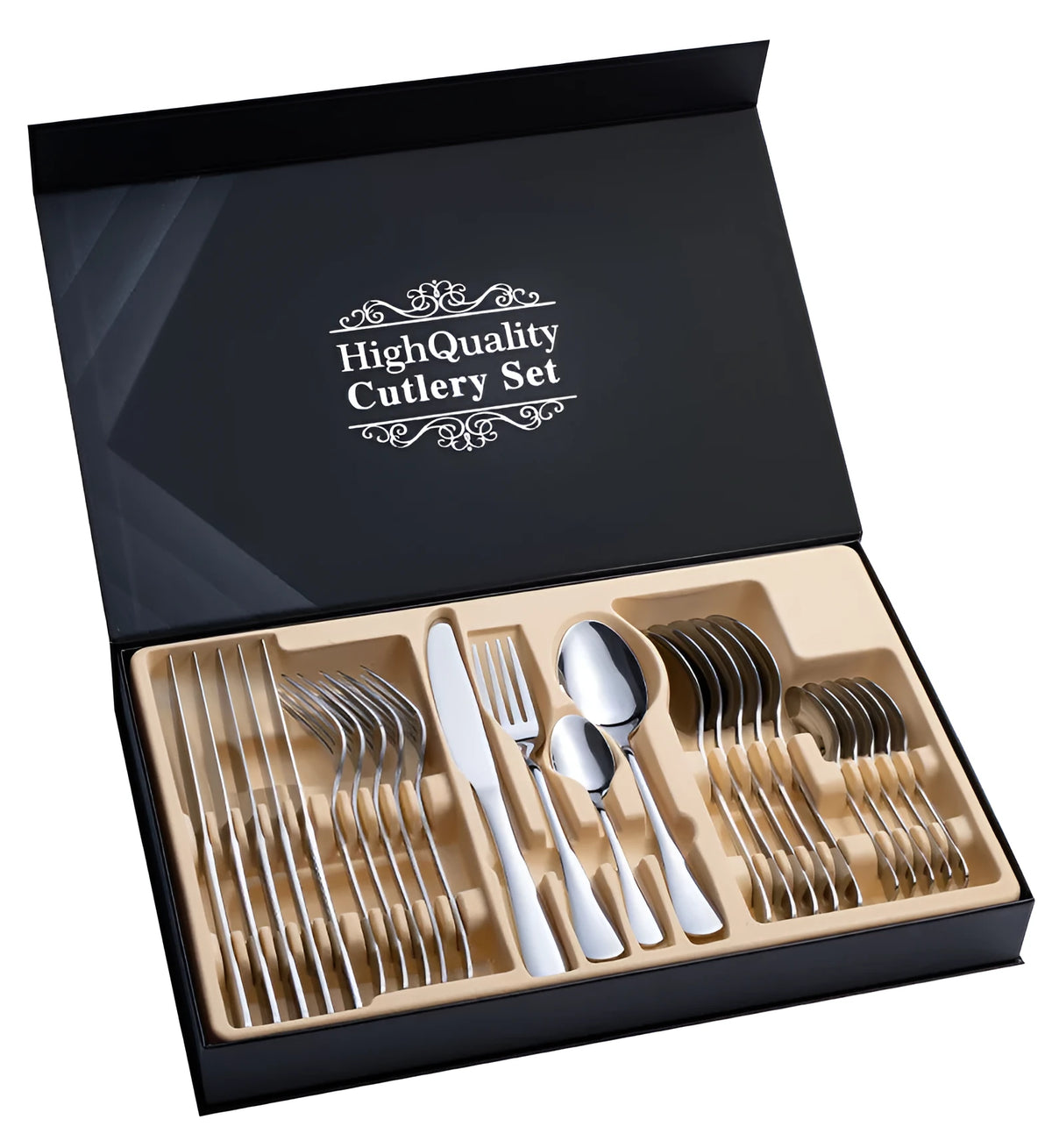 24-piece stainless steel cutlery set with mirror polishing, including knives, forks, spoons and teaspoons in a gift box