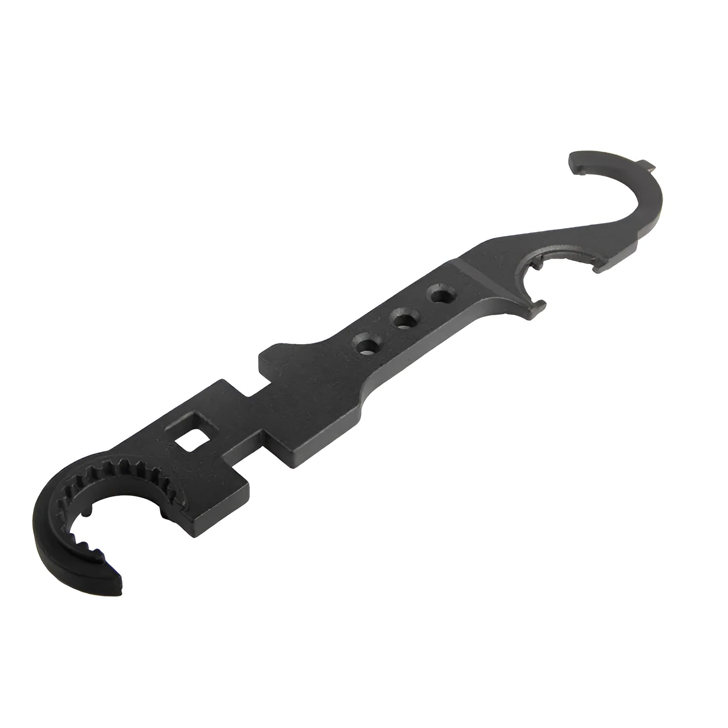 Black steel combination wrench for AR-15 and M4 rifle maintenance on a workshop bench.