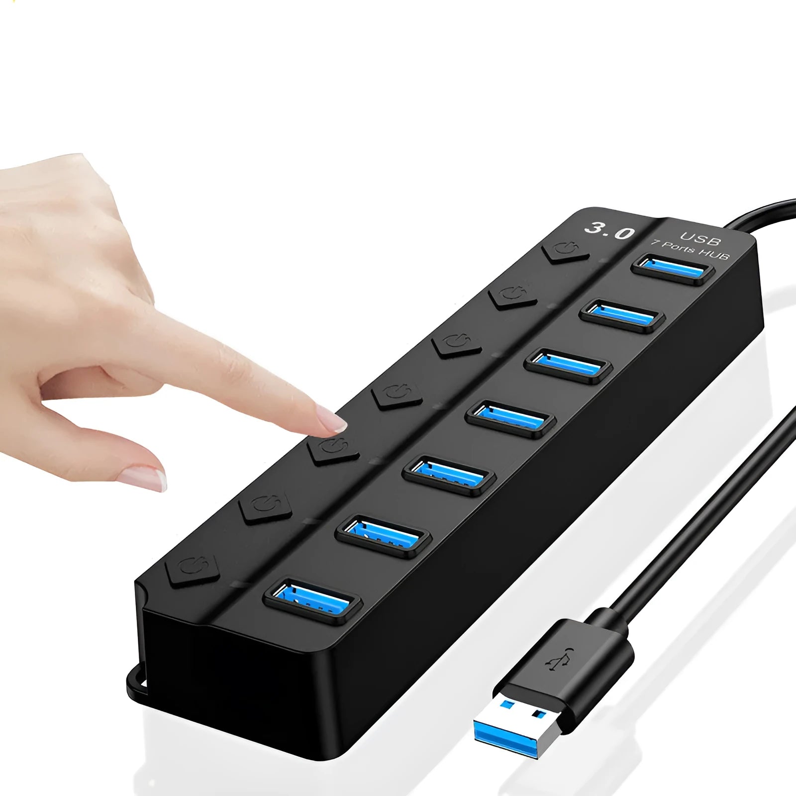 Black 7-port USB 3.0 hub with external power adapter and individual switches for each port on a desk.