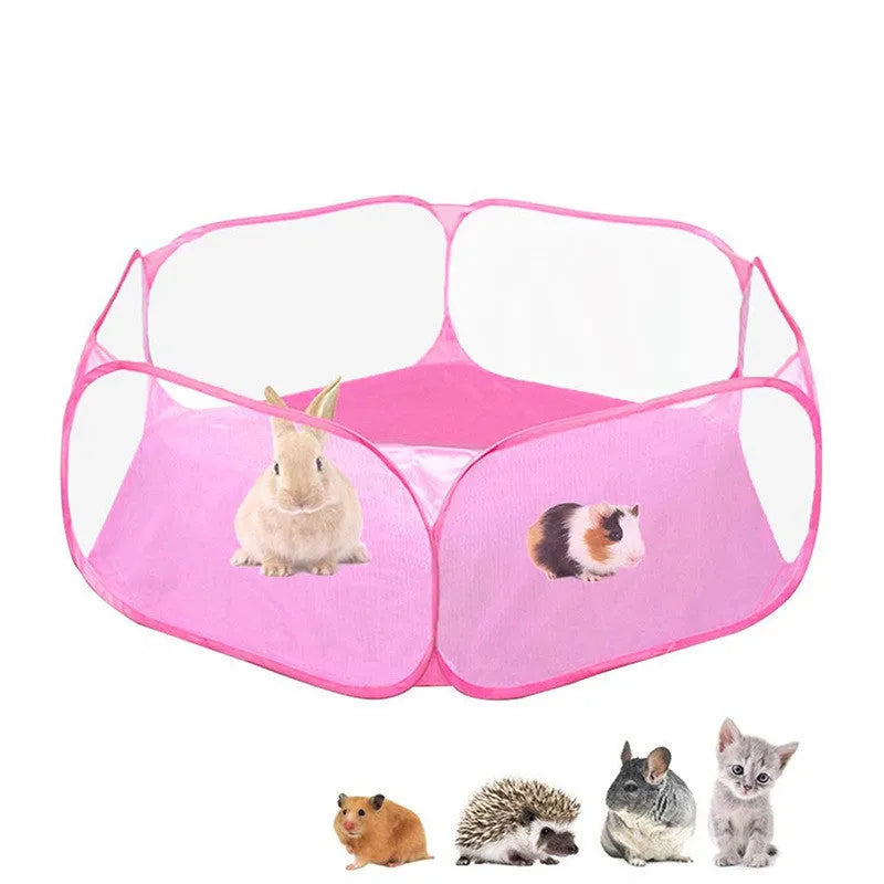 Portable folding small animal playpen with breathable mesh and automatic pop-up in blue, set up indoors with a small pet inside