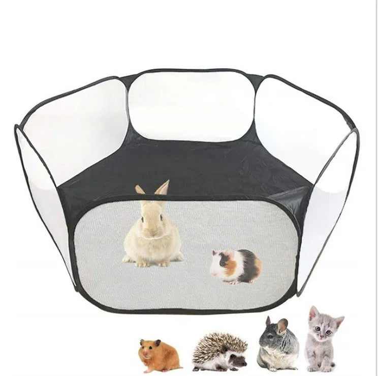 Portable folding small animal playpen with breathable mesh and automatic pop-up in blue, set up indoors with a small pet inside
