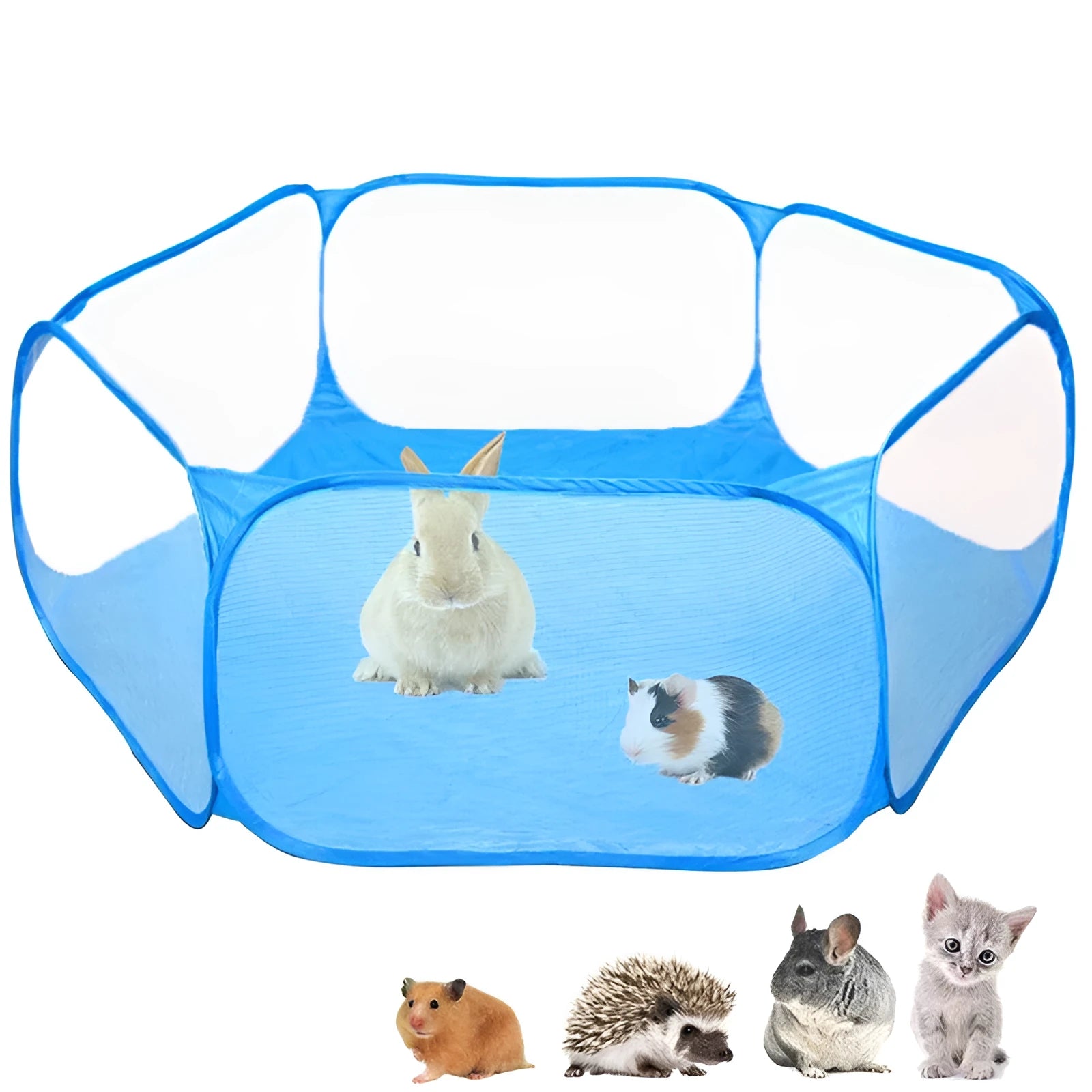 Portable folding small animal playpen with breathable mesh and automatic pop-up in blue, set up indoors with a small pet inside