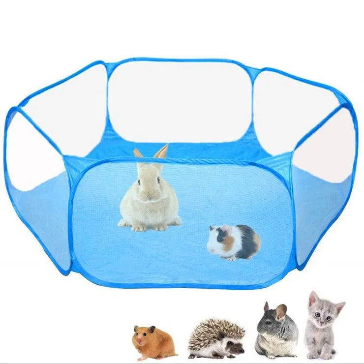 Portable folding small animal playpen with breathable mesh and automatic pop-up in blue, set up indoors with a small pet inside