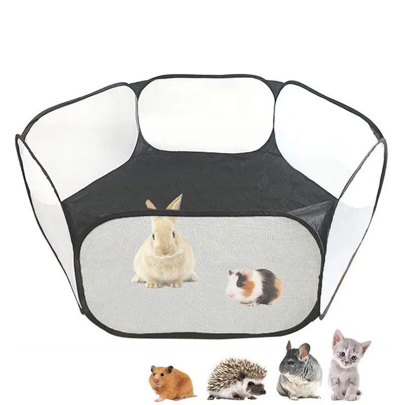 Portable folding small animal playpen with breathable mesh and automatic pop-up in blue, set up indoors with a small pet inside