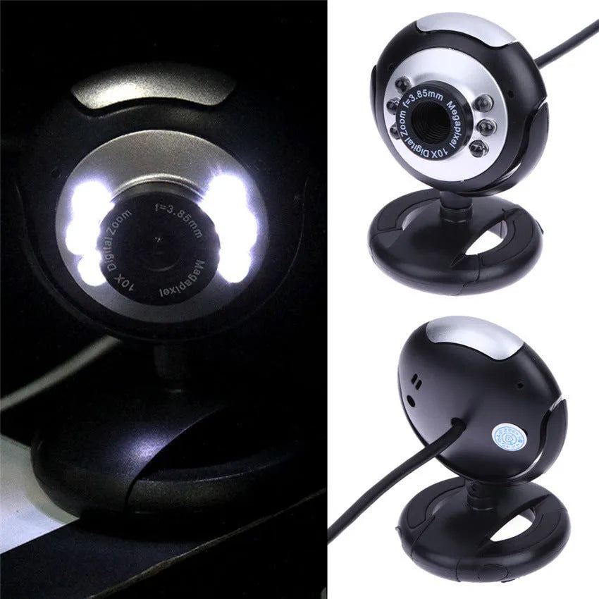 USB webcam with ring of six white LED lights around the lens and a built-in microphone.