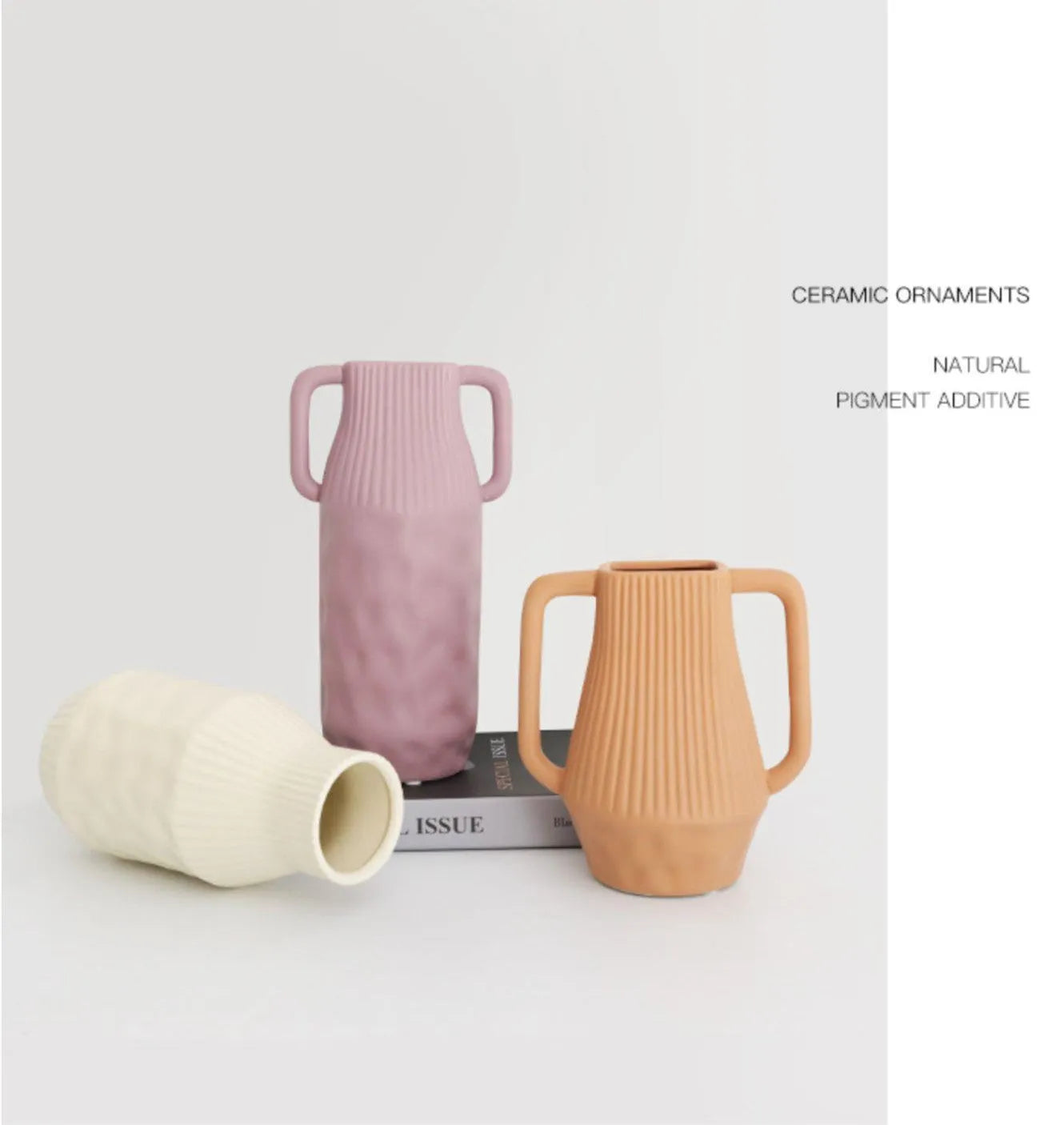 Nordic Morandi style ceramic vase with hammer texture in beige, brown, or purple colours.
