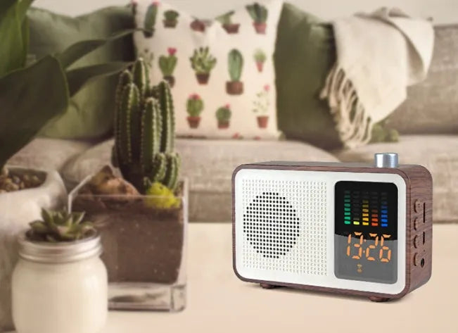 Brown wooden retro Bluetooth speaker with FM radio, LED display, and classic cabinet design.