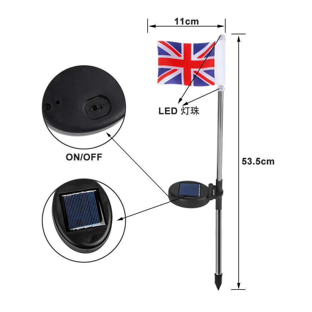 Solar-powered garden flag light with American flag design on stainless steel pole
