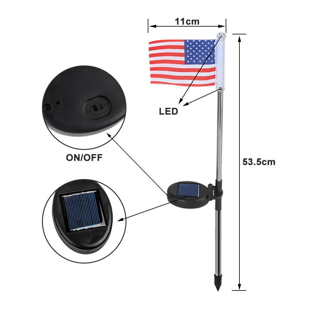 Solar-powered garden flag light with American flag design on stainless steel pole