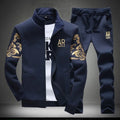 Men's cotton two-piece set with long-sleeved zip cardigan top and trousers in grey, blue, or black, sizes M to 5XL