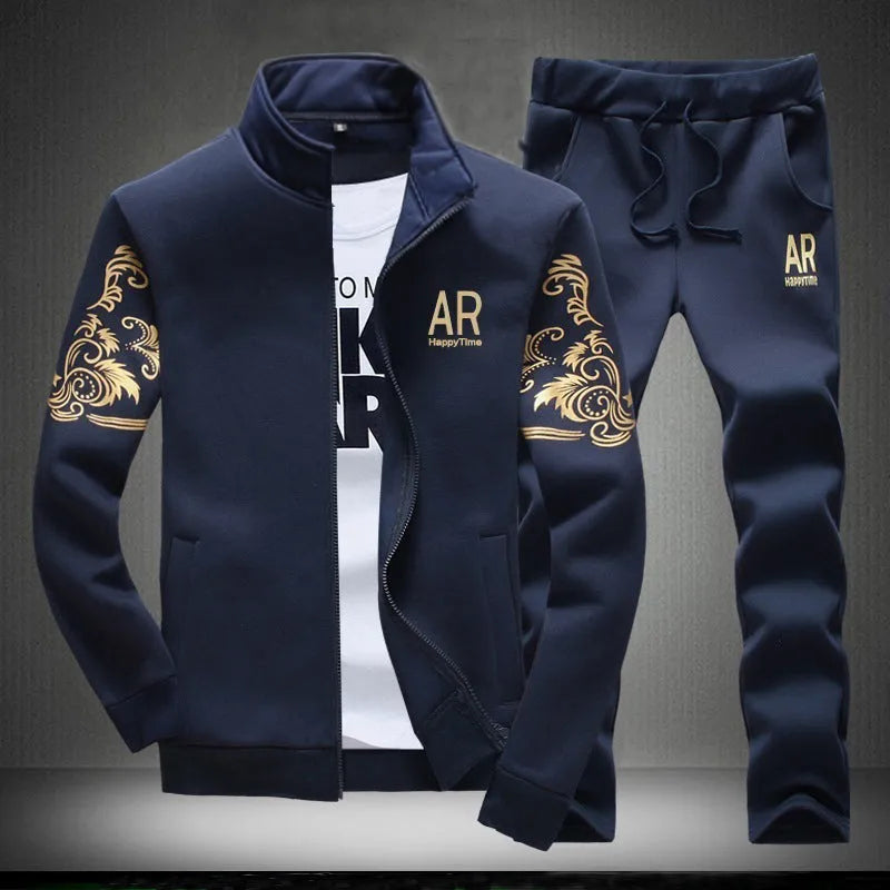 Men's cotton two-piece set with long-sleeved zip cardigan top and trousers in grey, blue, or black, sizes M to 5XL