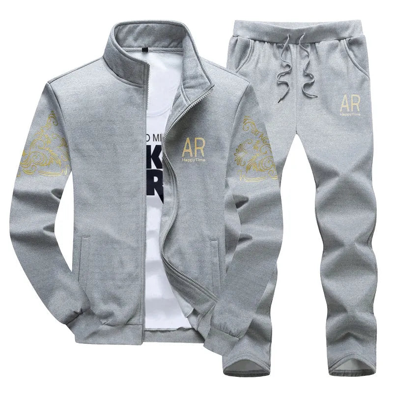 Men's cotton two-piece set with long-sleeved zip cardigan top and trousers in grey, blue, or black, sizes M to 5XL