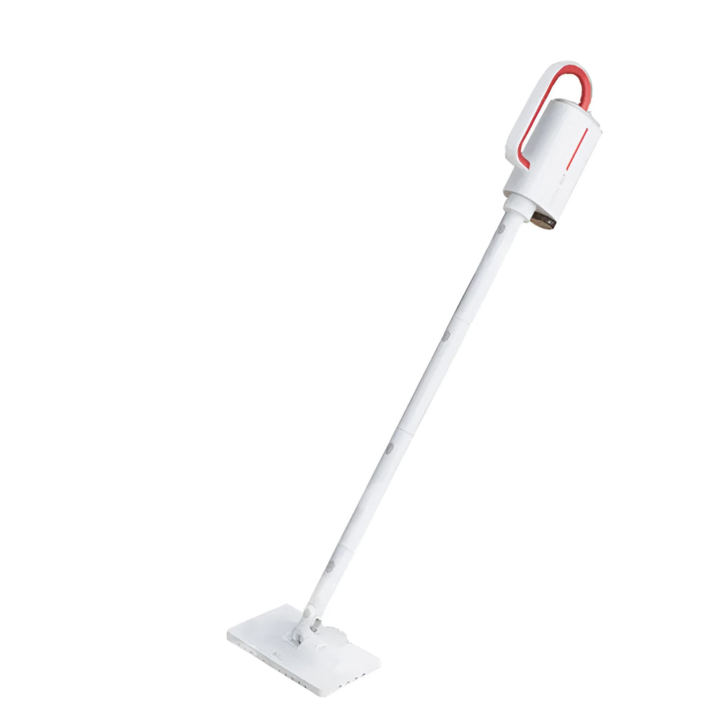 White Deerma DEM-ZQ610 steam cleaner unit with assorted brush heads including glass scraper and mop.