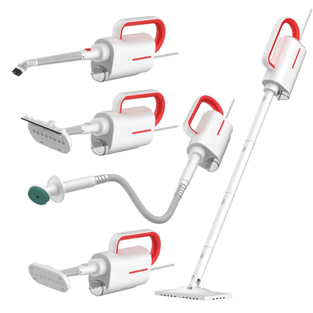 White Deerma DEM-ZQ610 steam cleaner unit with assorted brush heads including glass scraper and mop.