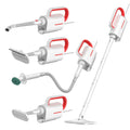 White Deerma DEM-ZQ610 steam cleaner unit with assorted brush heads including glass scraper and mop.