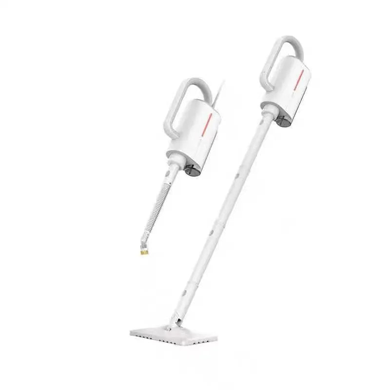 White Deerma DEM-ZQ610 steam cleaner unit with assorted brush heads including glass scraper and mop.