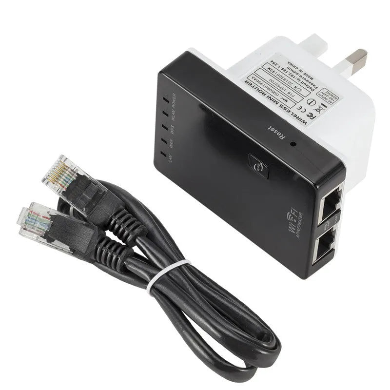 300M mini wireless signal repeater in black with dual network ports and lightning protection