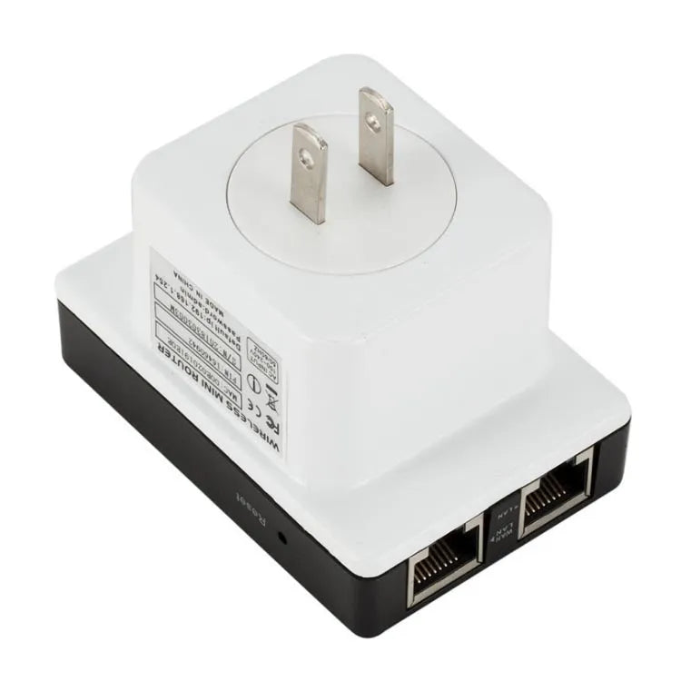 300M mini wireless signal repeater in black with dual network ports and lightning protection