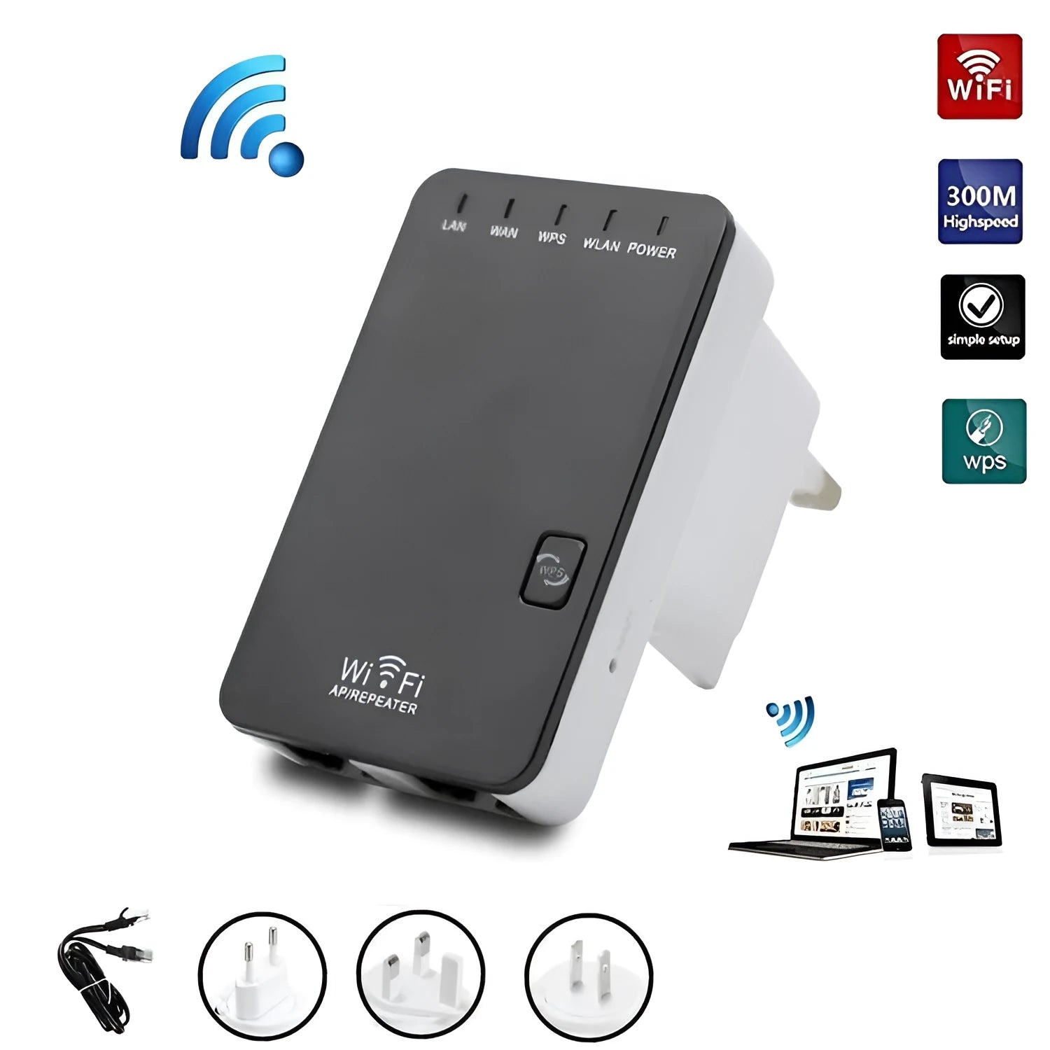 300M mini wireless signal repeater in black with dual network ports and lightning protection