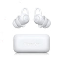 A pair of white soft silicone ear plugs for noise reduction on a plain background.