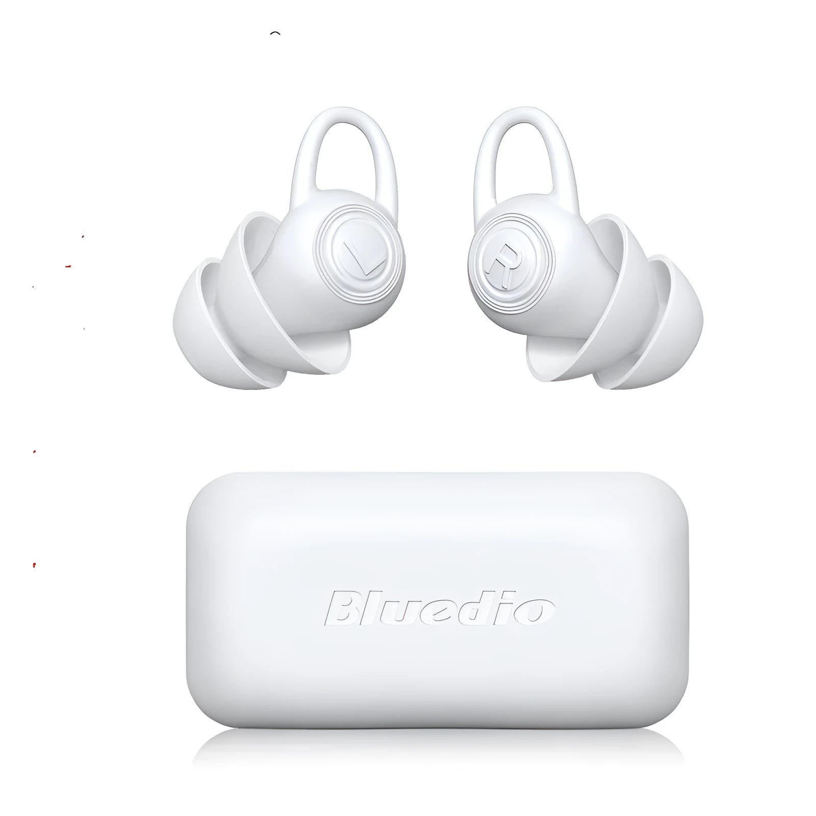 A pair of white soft silicone ear plugs for noise reduction on a plain background.