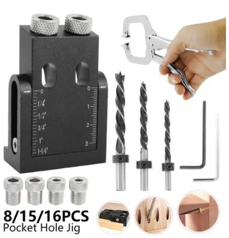 Black aluminium woodworking perforation locator tool with drill bits for board connection.
