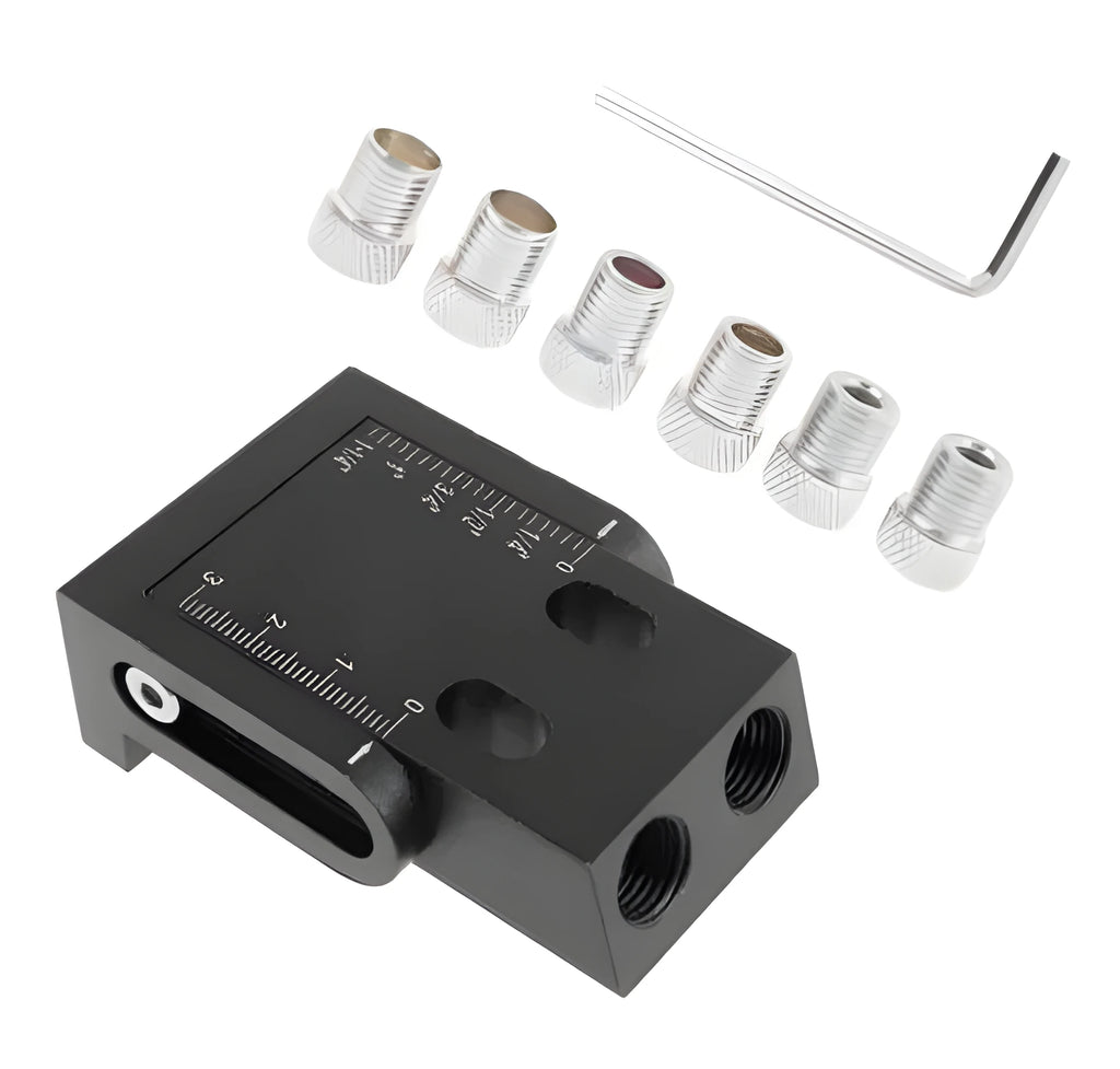 Black aluminium woodworking perforation locator tool with drill bits for board connection.