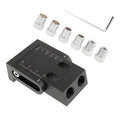 Black aluminium woodworking perforation locator tool with drill bits for board connection.
