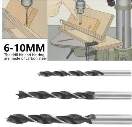 Black aluminium woodworking perforation locator tool with drill bits for board connection.