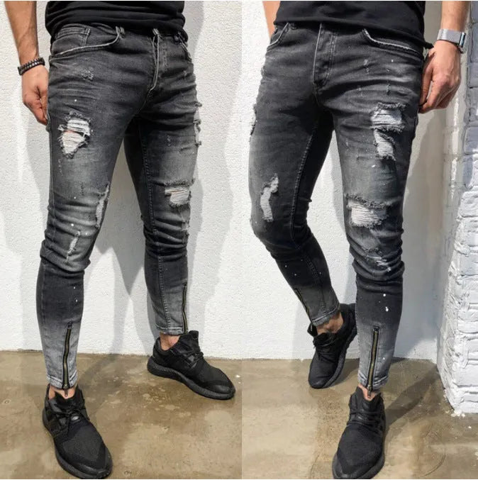 Men's black ripped jeans with zipper elastic feet and small leg opening