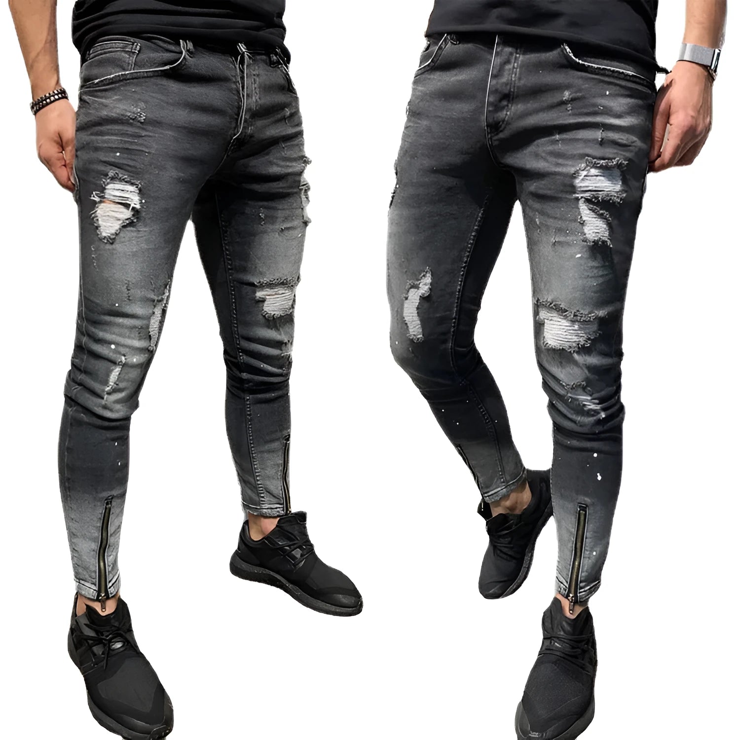 Men's black ripped jeans with zipper elastic feet and small leg opening
