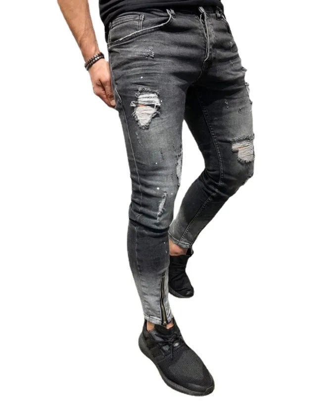 Men's black ripped jeans with zipper elastic feet and small leg opening