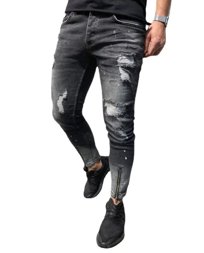 Men's black ripped jeans with zipper elastic feet and small leg opening