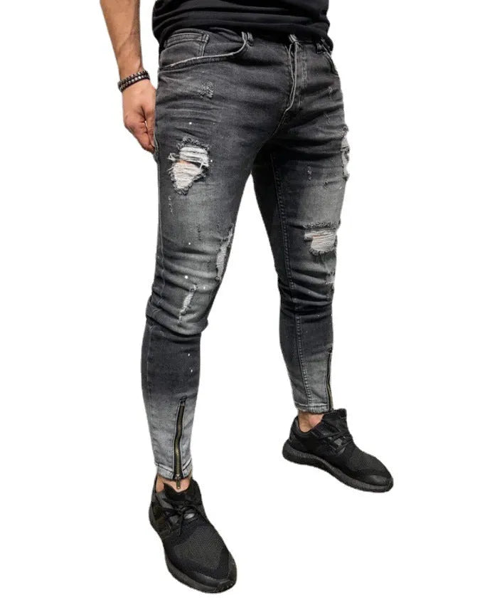 Men's black ripped jeans with zipper elastic feet and small leg opening