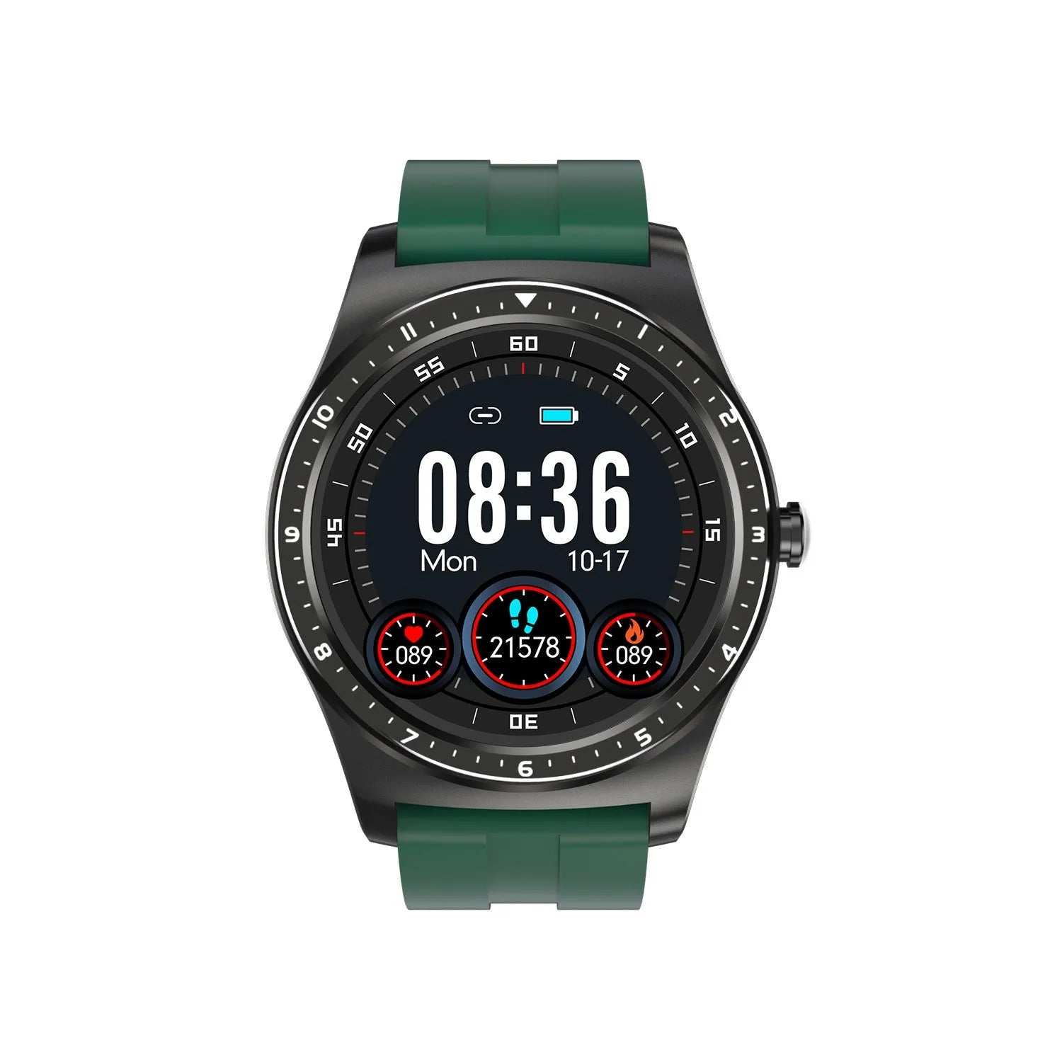 Full Circle smart watch with heart rate and blood pressure monitoring on silicone wristband