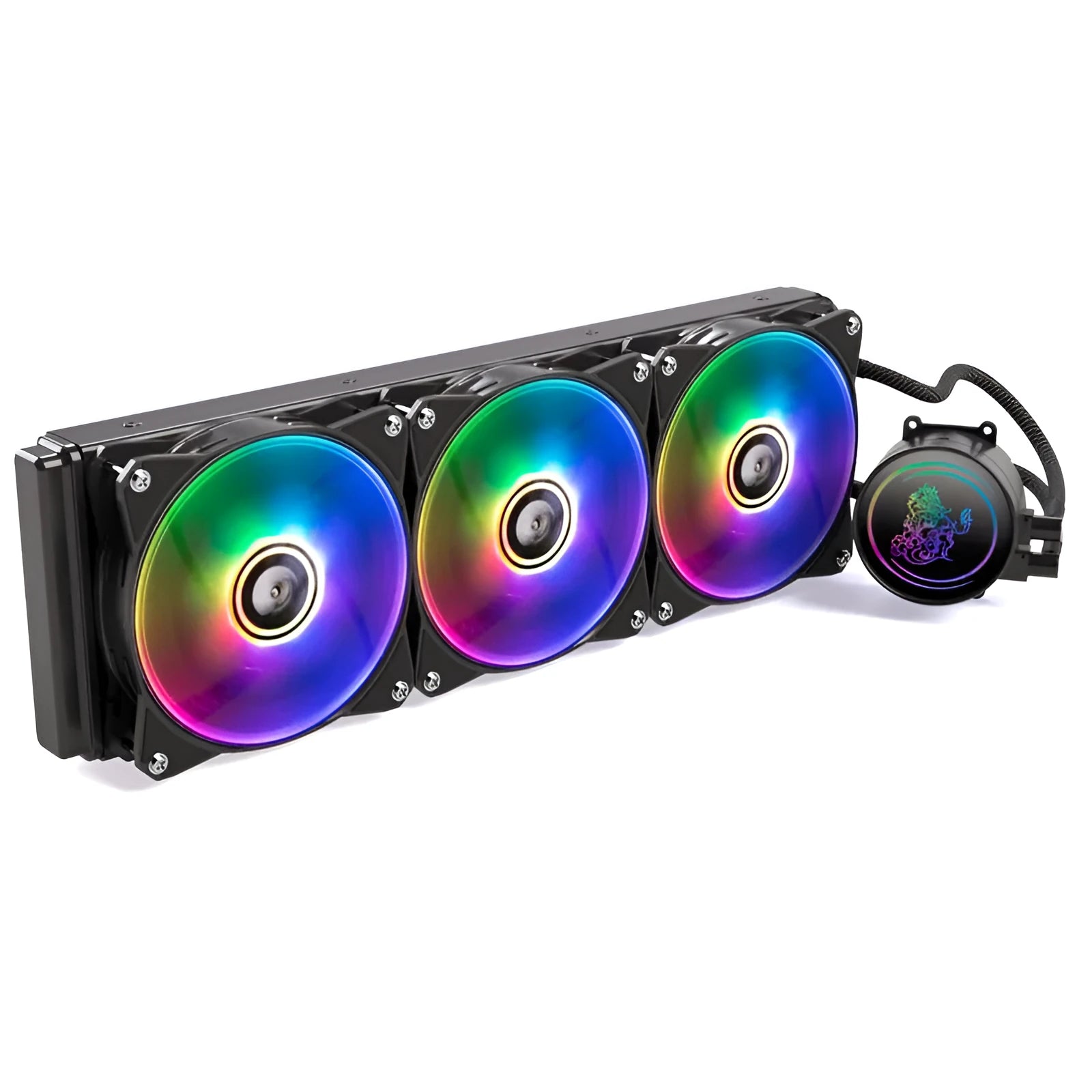 Kirin 240mm ARGB CPU water cooling radiator with colourful lights and dual fans.