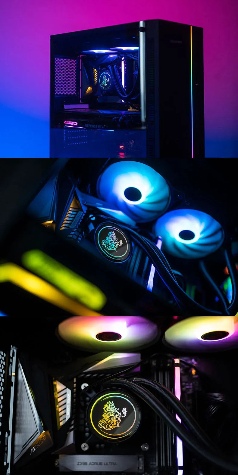 Kirin 240mm ARGB CPU water cooling radiator with colourful lights and dual fans.